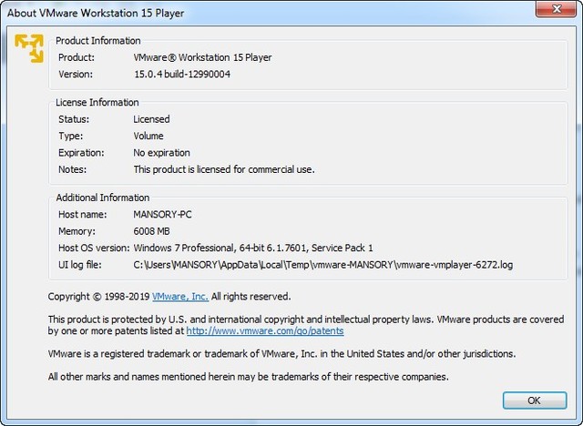 VMware Workstation Player 15.0.4 Build 12990004 Commercial